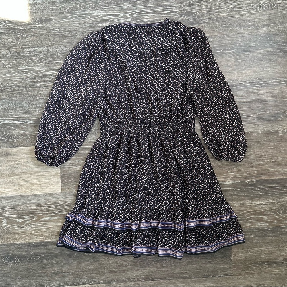 Max Studio London Black Floral Tiered Ruffle Mini Dress V-Neck Long Sleeve M - Picture 8 of 8